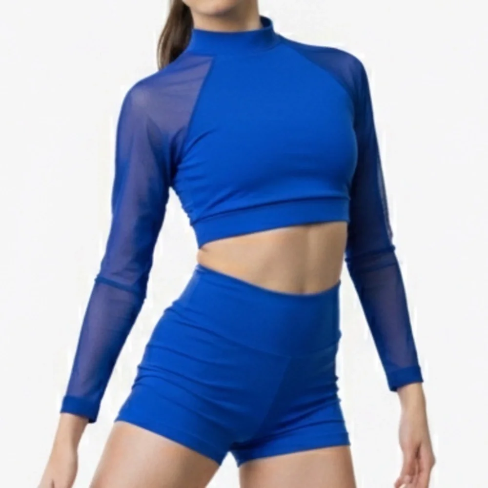Theatricals Blue Mesh Long Sleeve Crop Top High Rise Dance Shorts Set